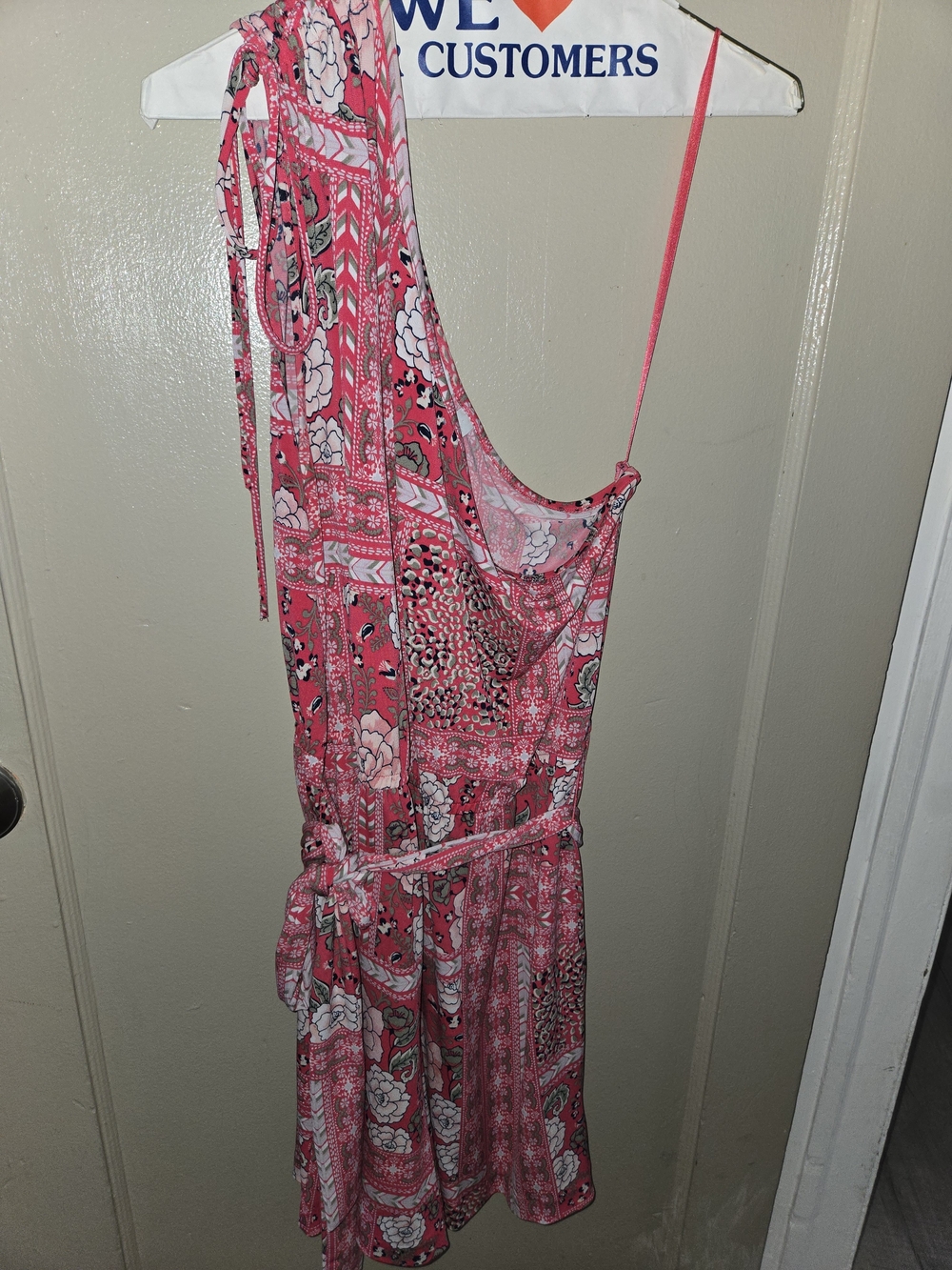 New York & Company Coral Pink Printed Jumpsuit Romper